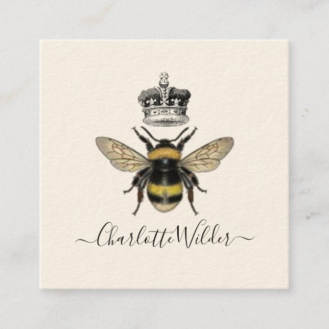 Queen Bee And Crown Handwritten Signature On Cream Square Business Card (Front)