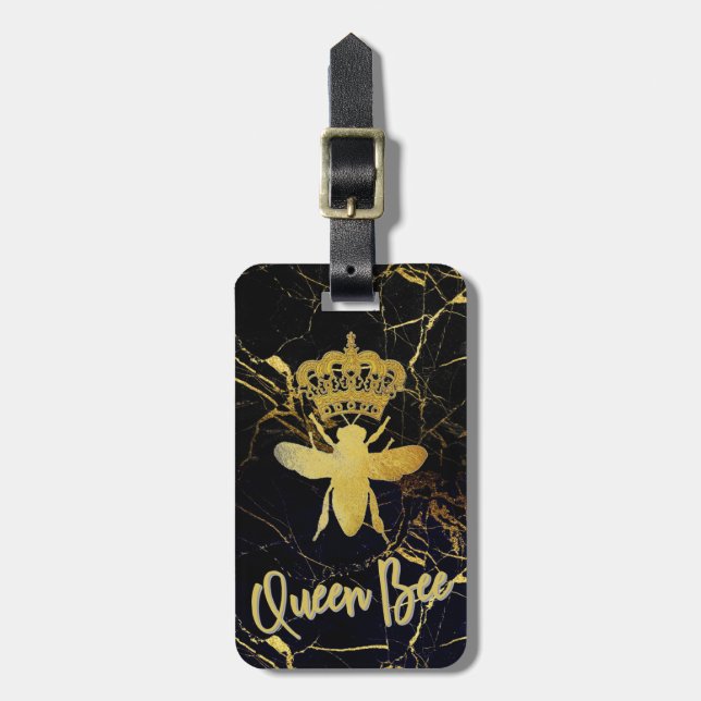 QUEEN BEE Black & Gold Marble LUGGAGE TAG (Front Vertical)