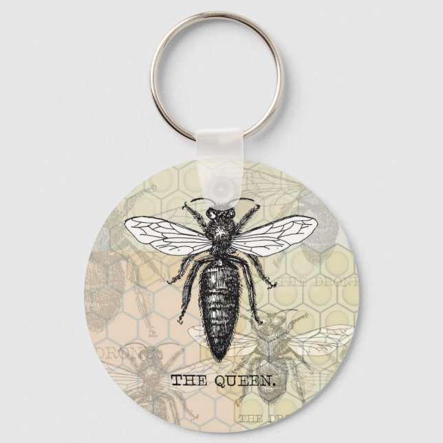 Queen Bee Bug Insect Antique Illustration Keychain (Front)