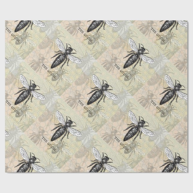 Queen Bee Bug Insect Antique Illustration Wrapping Paper (Flat)