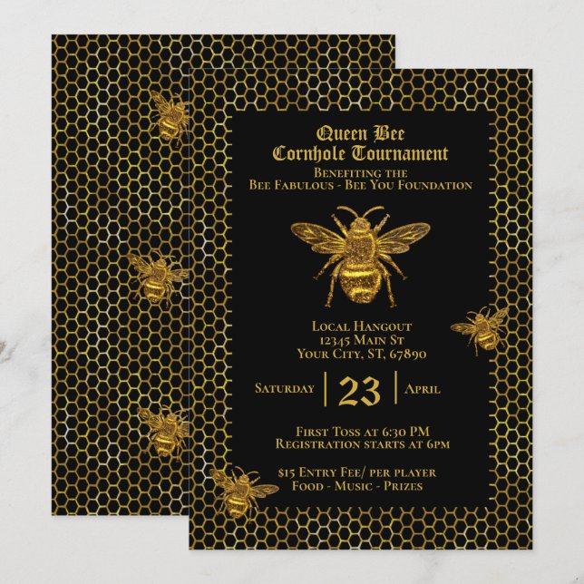 Queen Bee Cornhole Tournament Fundraiser  Invitation (Front/Back)