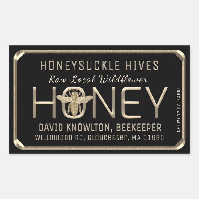 Queen Bee Embossed Text and Frame Raw Local Honey  Sticker (Front)