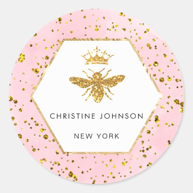queen bee faux glitter pink watercolor classic round sticker (Front)