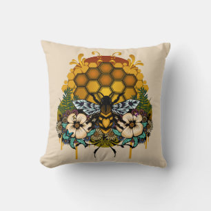 Queen Bee Floral Honeycomb Botanical Garden Throw Pillow