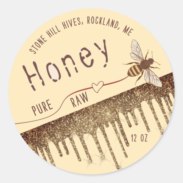 Queen Bee Gold Iridescent Honey Drips with Heart Classic Round Sticker (Front)