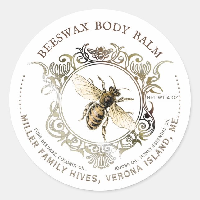 Queen Bee Gold Ornate Frame Beeswax Body Balm Classic Round Sticker (Front)