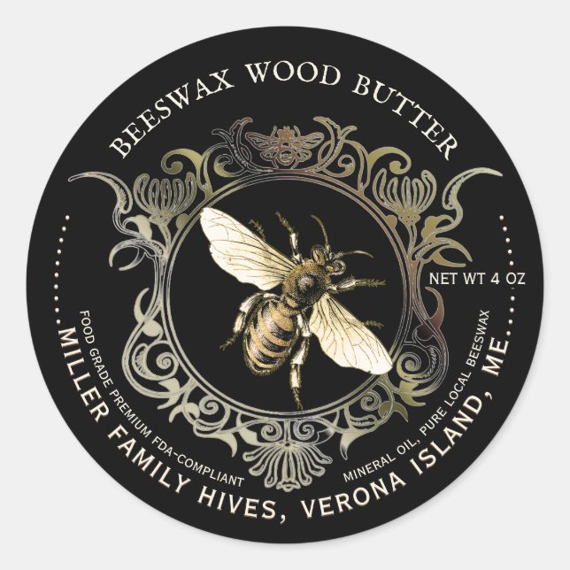 Queen Bee Gold Ornate Frame Beeswax Wood Butter  Classic Round Sticker (Front)