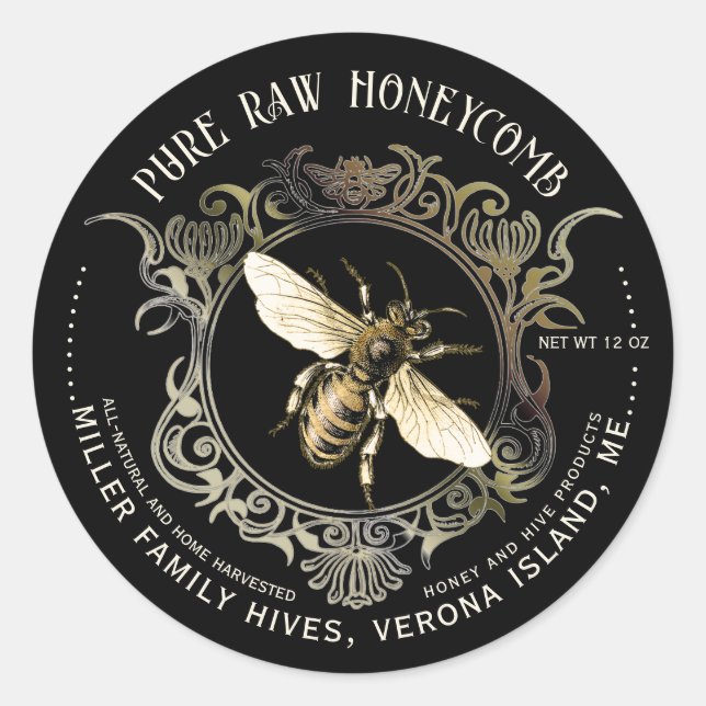 Queen Bee Gold Ornate Frame Honeycomb Label Black (Front)