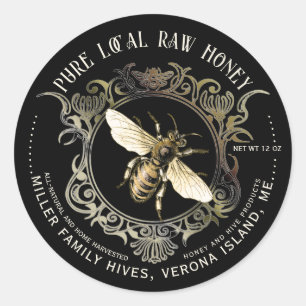 Queen Bee Gold Ornnate Frame Miel Étiquette Noir