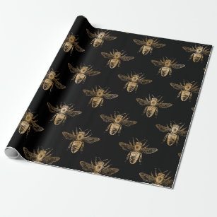 Queen Bee Honey Comb Metallic Bronze  Black Wrapping Paper