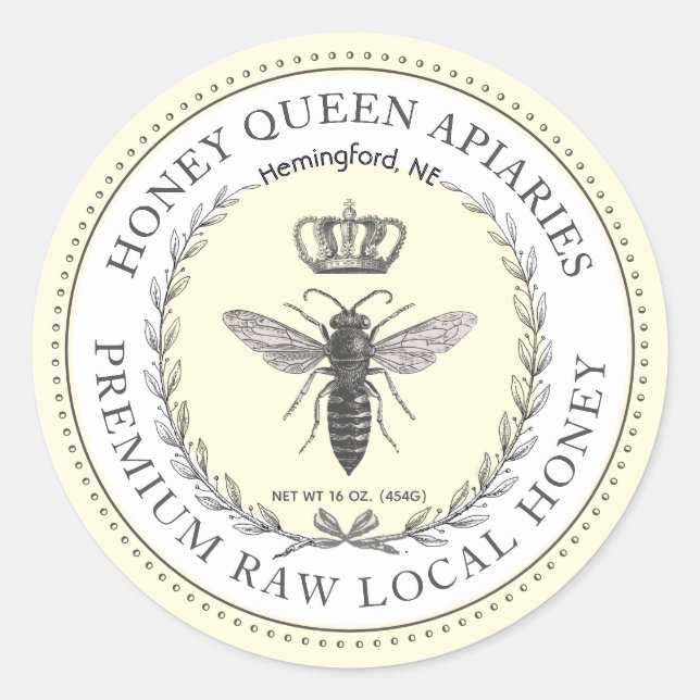 Queen Bee Honey Crown Wreath Dotted Border  Classi Classic Round Sticker (Front)