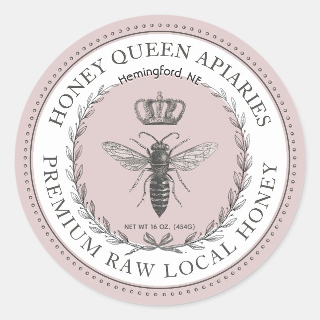 Queen Bee Honey Crown Wreath Dotted Border  Classic Round Sticker (Front)