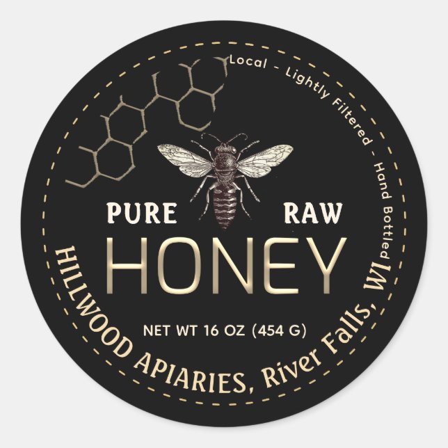 Queen Bee Honey Jar Étiquette Pure Raw Miel local (Devant)