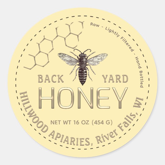 Queen Bee Honey Jar Étiquette Raw Back Yard Honey (Devant)