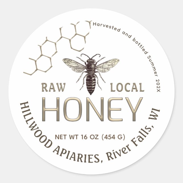 Queen Bee Honey Jar Étiquette Raw Local Honeycomb (Devant)