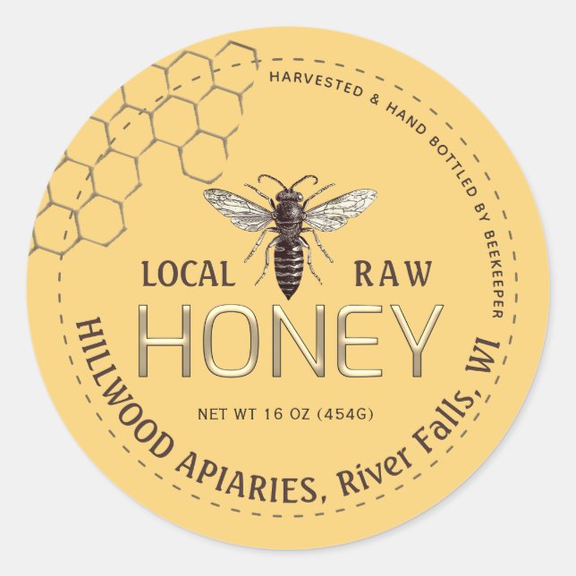 Queen Bee Honey Jar Label Local Raw Hand Bottled  (Front)