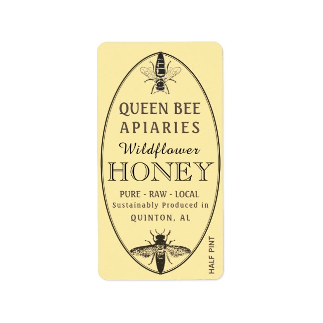 Queen Bee Honey with Oval Address or Shipping Size Label (Front)