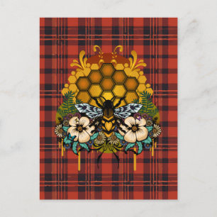 Queen Bee Honeycomb Floral Art Burnt Orange Plaid Postcard