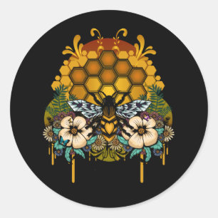 Queen Bee Honeycomb Floral Black Background Bold Classic Round Sticker