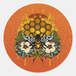 Queen Bee Honeycomb Floral Orange Glitter Classic Round Sticker