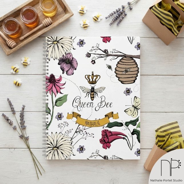 Queen Bee Royal Gold Crown Custom Notebook (Hand-drawn vintage queen bee royal gold crown white background custom name notebook journal)