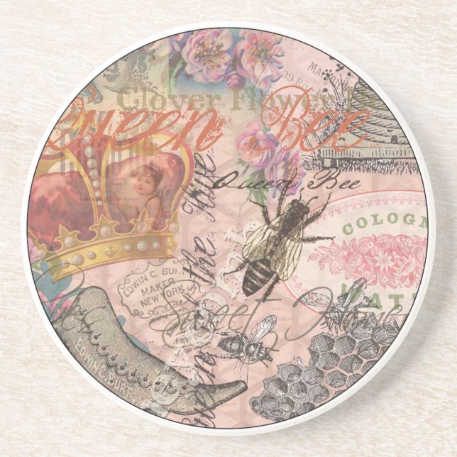 Queen Bee Vintage Beautiful Collage Coaster (Front)
