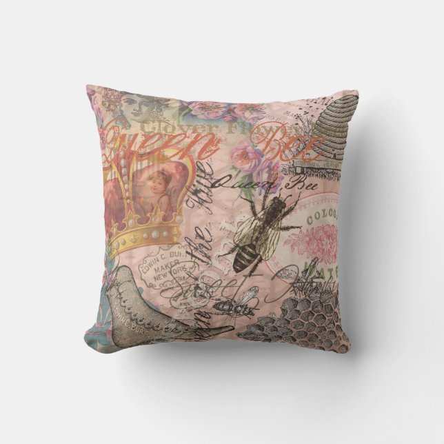 Queen Bee Vintage Beautiful Collage Throw Pillow (Front)