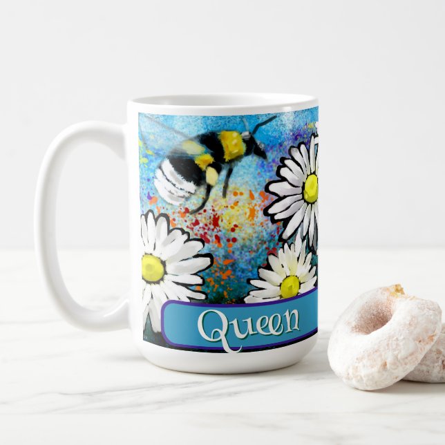 Queen Bee Whimsical Bumblebee Daisies Personalized Coffee Mug (With Donut)