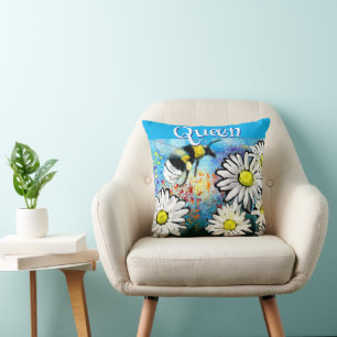 Queen Bee Whimsical Bumblebee Daisies Personalized Throw Pillow