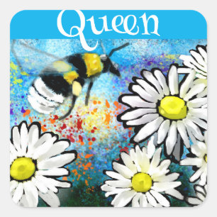 Queen Bee Whimsical Bumblebee in Daisies Painting Square Sticker