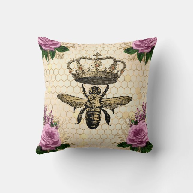 Queen bee with Pink Florals Throw Pillow (Back)