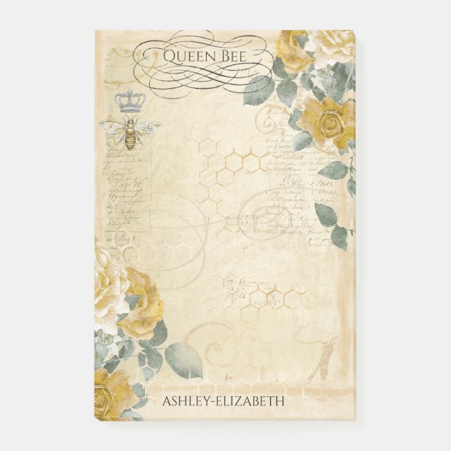 Queen Bee Yellow Gold Rose Floral Monogram 4x6 Post-it Notes (Front)