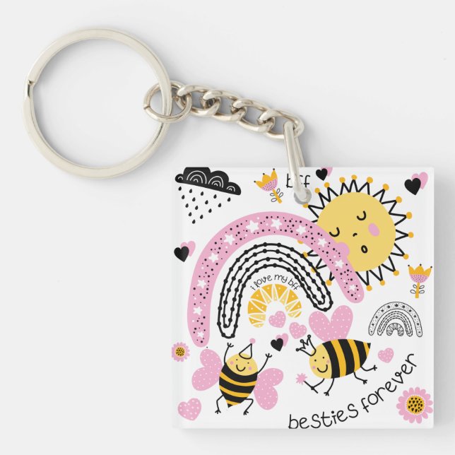 Queen Bees Best Friends Forever Cute BFF Girls Keychain (Front)