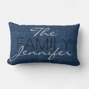 Queen Blue Burlap Rustic Linen Monogram Lumbar Pillow
