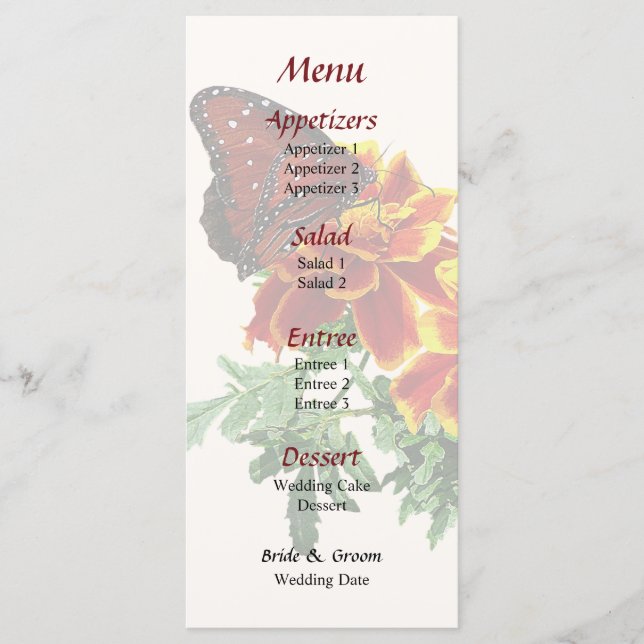 Queen Butterfly on Marigold Wedding Menu (Front)