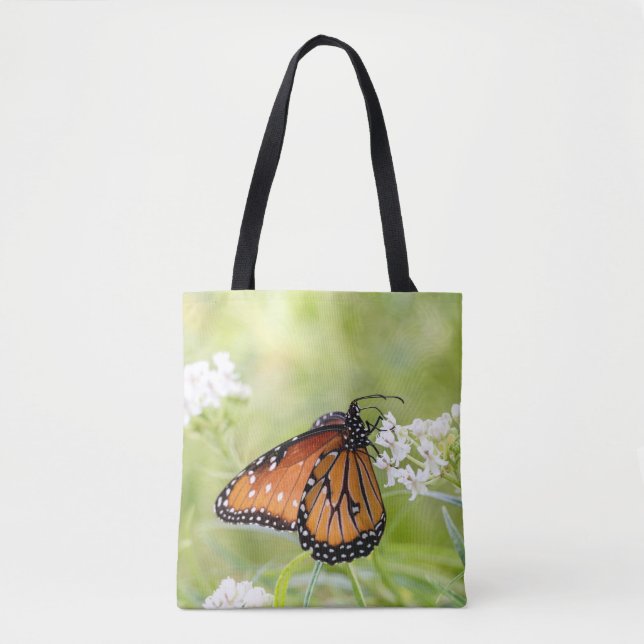Queen Butterfly Sunning on Milkweed Tote Bag (Front)