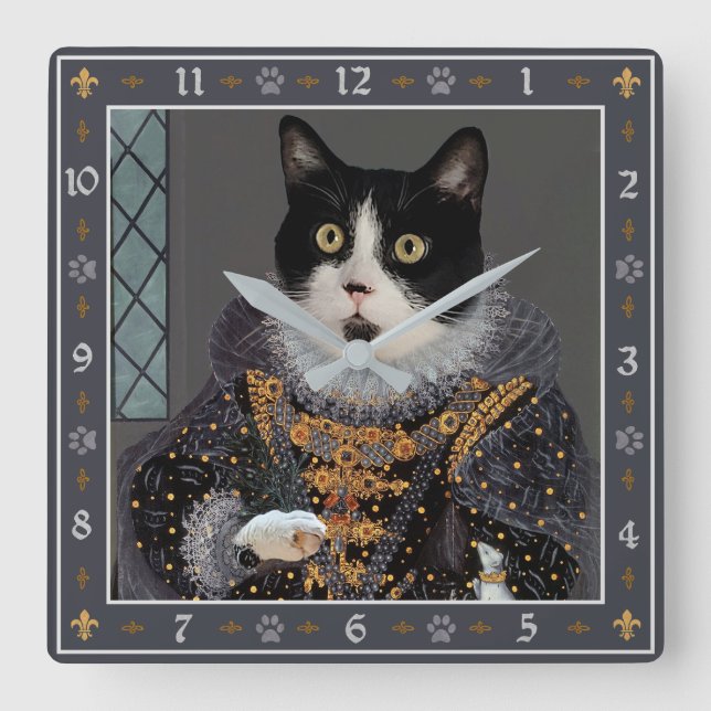 Queen Cat Tuxedo Kitty Funny Renaissance Portrait Square Wall Clock (Front)