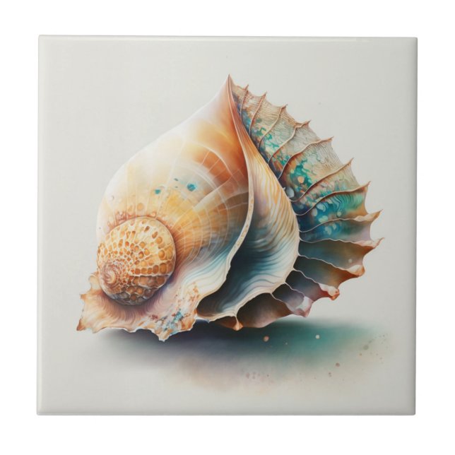 Queen Conch Shell, Watercolor, Ceramic Tile (Front)