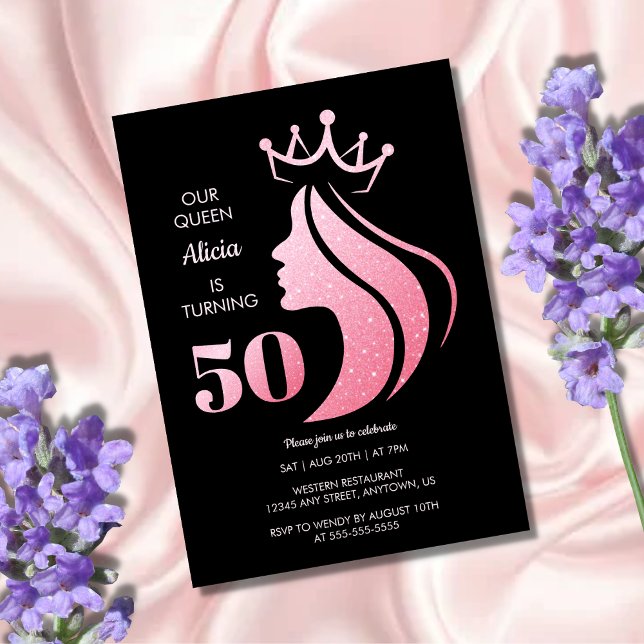Queen Crown Pink Glitter Black 50th Birthday Invitation (Creator Uploaded)