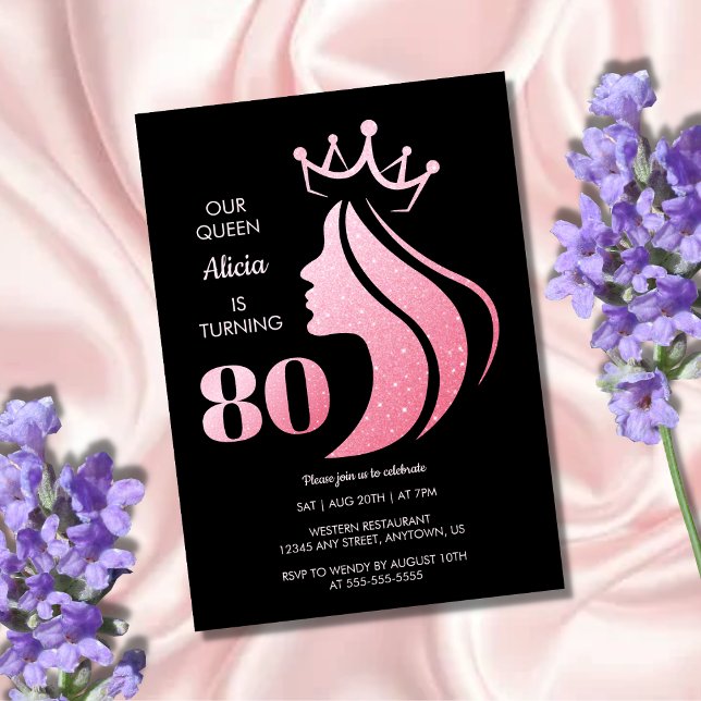 Queen Crown Pink Glitter Black 80th Birthday Invitation (Creator Uploaded)