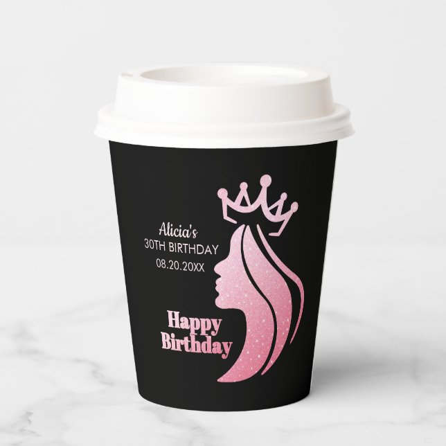 Queen Crown Pink Glitter Black Happy Birthday Paper Cups (Back)