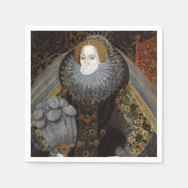Queen Elizabeth I blowing a white bubble gum Napkin (Front)