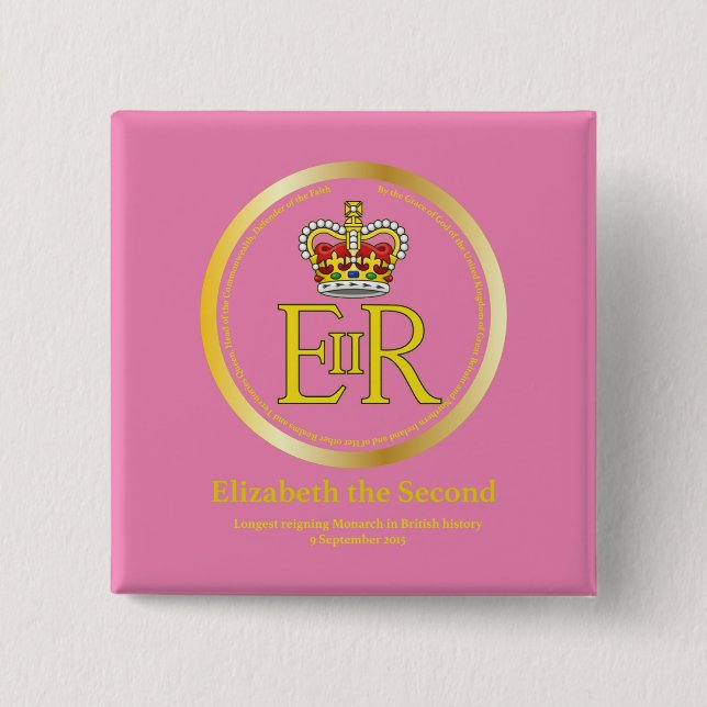 Queen Elizabeth II Reign 2 Inch Square Button (Front)