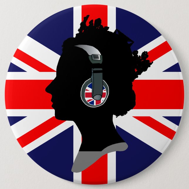 QUEEN ELIZABETH WITH HEADPHONES AND UK FLAG 6 INCH ROUND BUTTON (Front)