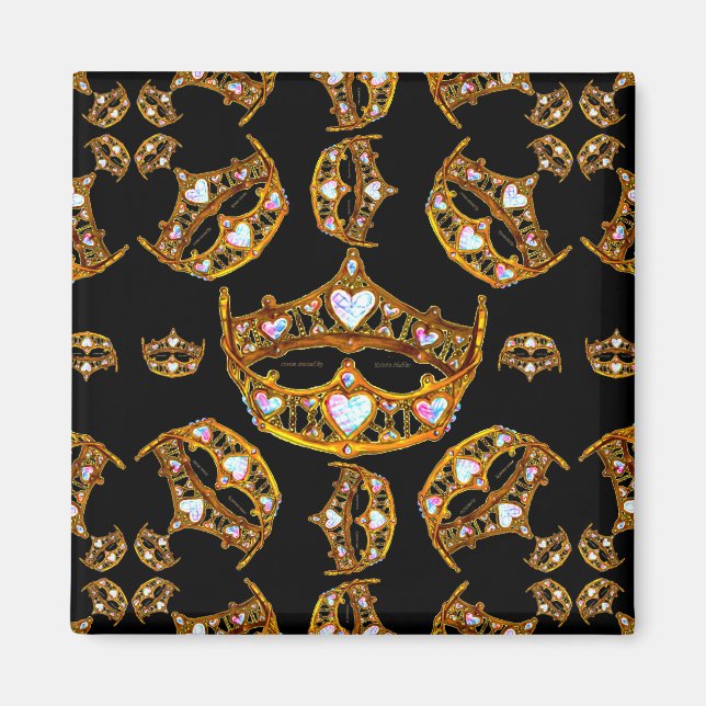 Queen hearts gold crown tiara black square magnet (Front)