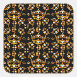Queen hearts gold crown tiara black square sticker