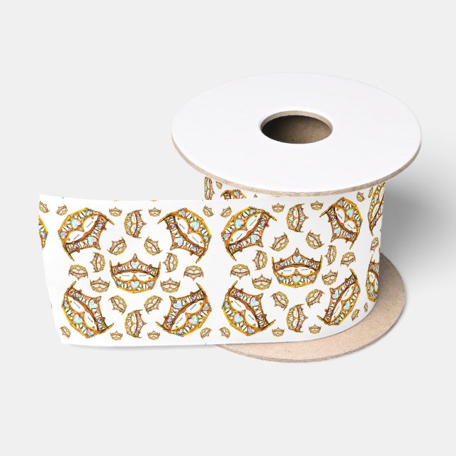 Queen hearts gold crown tiara white satin ribbon (Spool)
