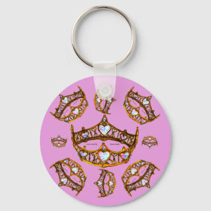 Queen Hearts Gold Crowns Tiaras Pink Lilac Keychain