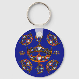 Queen Hearts Gold Crowns Tiaras royal blue Keychain
