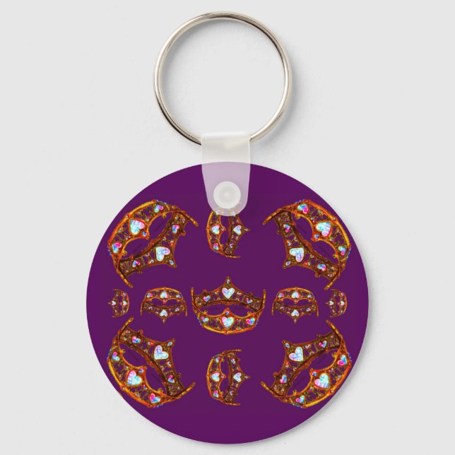 Queen Hearts Gold Crowns Tiaras royal purple Keychain (Front)